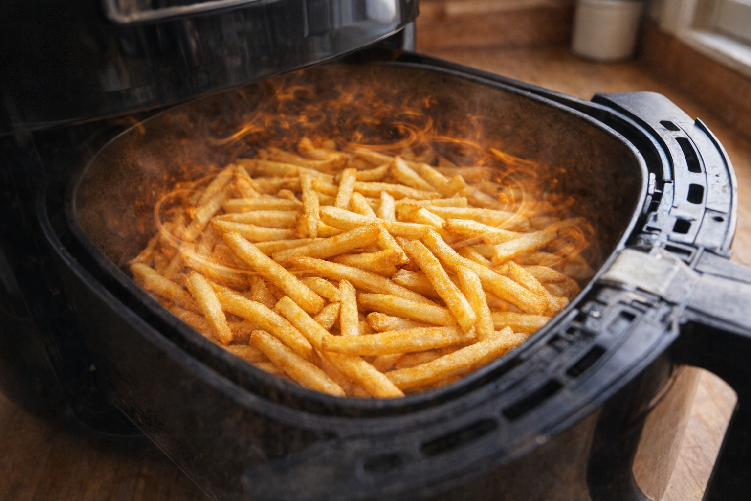 French fries being reheated in an air fryer, visible circulating air, golden brown color. Close up shot, kitchen lighting